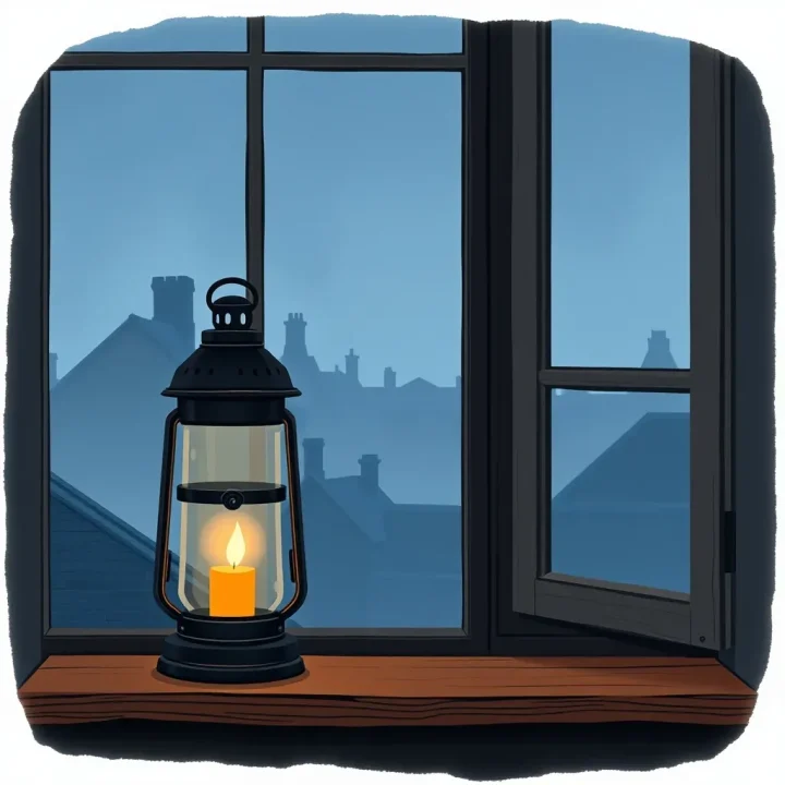 A classic bronze lantern glowing on a wooden windowsill overlooking historic Philadelphia silhouettes.