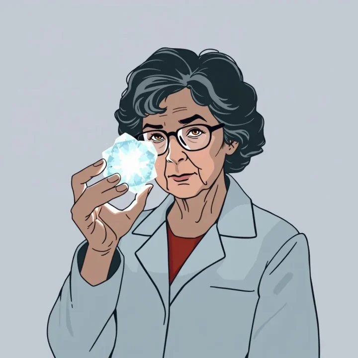 Illustration éditoriale d’Ada Yonath en blouse de laboratoire examinant un cristal moléculaire lumineux sur fond de laboratoire doucement flouté.