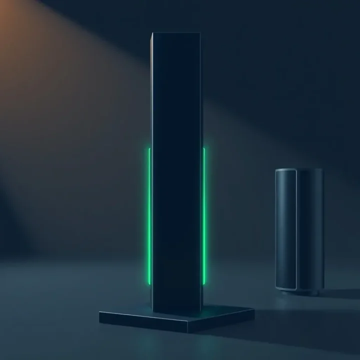 A vertical dark slate-blue terminal monolith with glowing emerald-green lines alongside a dark gray server tower in a deep navy studio setting.
