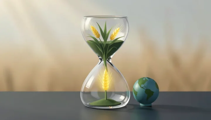 Uma ilustração editorial apresentando uma ampulheta de vidro com ramos de cultivo verdes se transformando em grãos de trigo amarelos, ao lado de um pequeno globo azul-petróleo em uma superfície escura.