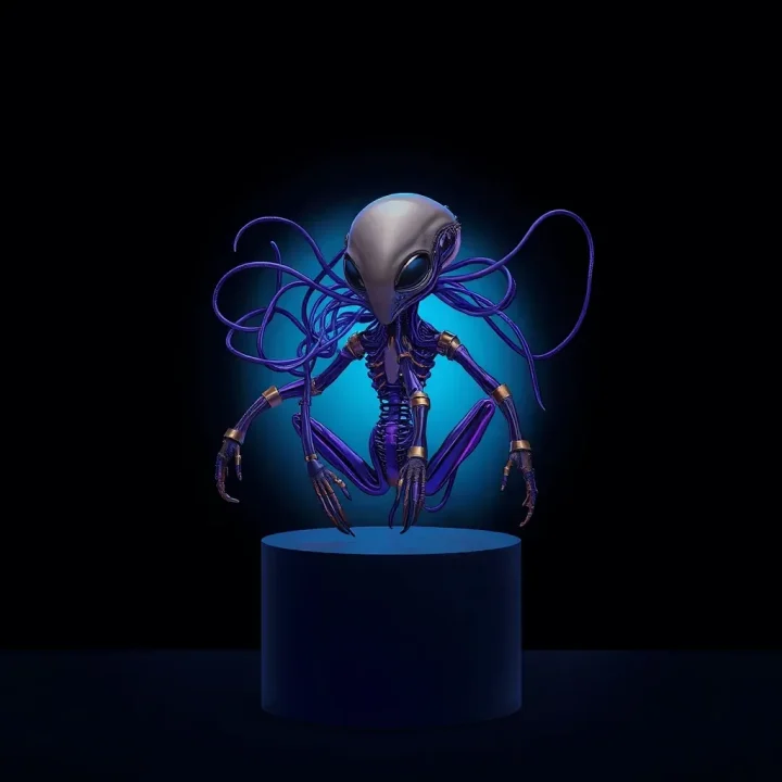 Ein surreales, metallisches außerirdisches Wesen, das unter neonblauem Licht vor dunklem Hintergrund leuchtet und den ästhetischen Stil des frühen französischen Spieldesigns widerspiegelt.