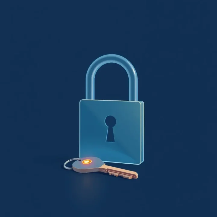 A glowing physical key next to a sleek glass digital lock against a dark blue background.