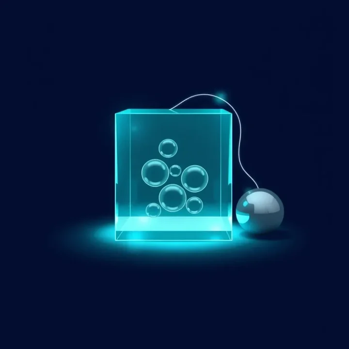 Une illustration montrant un cube de cristal turquoise brillant contenant des sphères géométriques flottantes, relié par un fil en fibre optique à une petite sphère argentée sur un fond bleu marine.