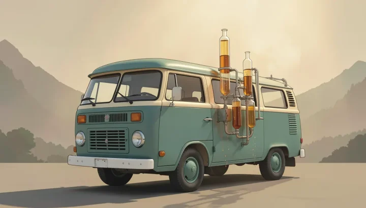 Un fourgon laboratoire mobile rétro des années 1950 bleu-vert mat et crème garé devant des silhouettes de montagnes lointaines, doté de tubes condenseurs en verre fixés sur le côté et remplis d'un liquide ambré au milieu d'une douce brume ocre.