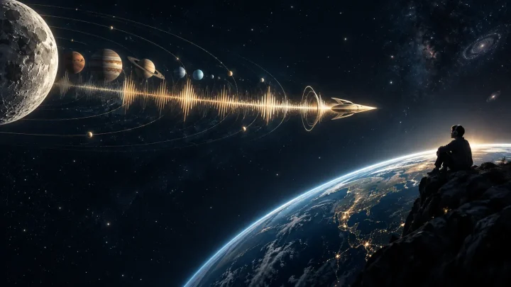 Una onda sonora luminosa con forma de nave espacial viaja desde la Luna y planetas distantes hacia una persona que escucha en la Tierra, mientras sus arcos se transforman en órbitas.