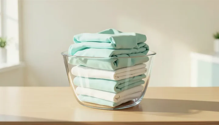 Illustration éditoriale d'un panier à linge en verre translucide rempli de vêtements vert sarcelle clair et blancs soigneusement pliés sur une table en chêne clair.