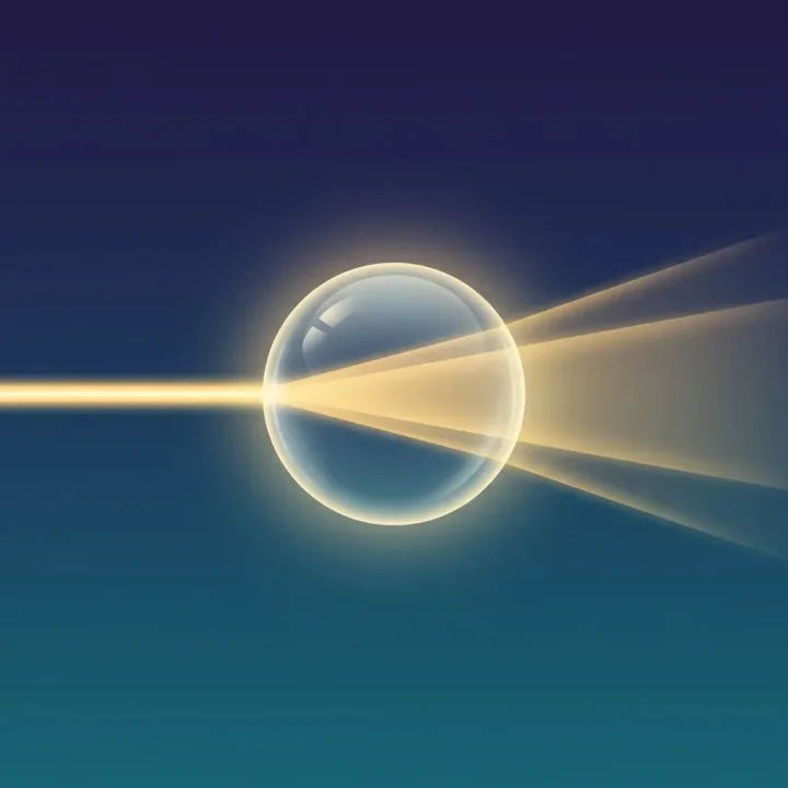 Editorial illustration of a translucent glass sphere refracting golden beams of light against a dark indigo and cyan background.