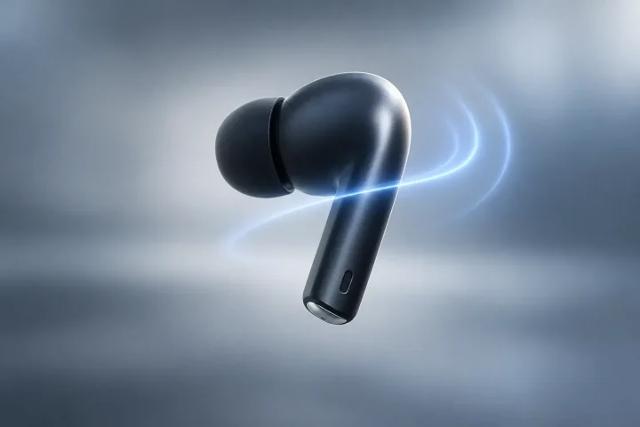 Un écouteur sans fil unique entouré d’une onde sonore lumineuse, illustrant le contrôle vocal des réglages audio par Gemini.