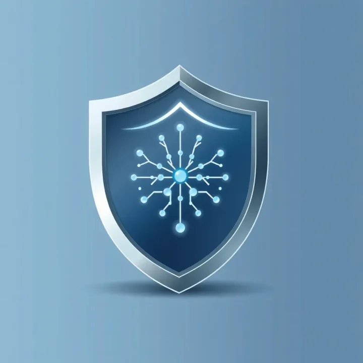 Editorial illustration of a sleek metallic shield featuring a central illuminated neural node network against a minimal blue and gray backdrop.