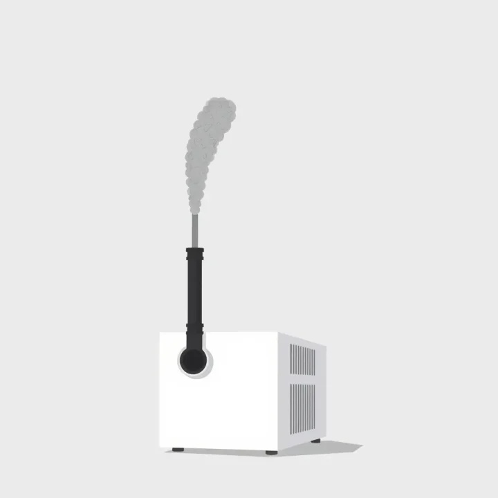 Un módulo de servidor blanco y minimalista con un tubo de escape industrial oscuro que emite una nube gris de humo sobre un fondo claro.
