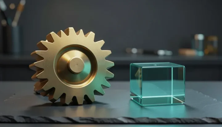 A polished brass gear mechanism alongside a glowing teal glass cube representing data packets on a dark slate surface.