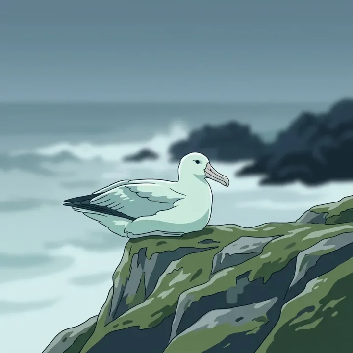 Uma ilustração minimalista de um albatroz-errante solitário pousado na borda de um penhasco coberto de musgo, com vista para um oceano cinzento e enevoado.