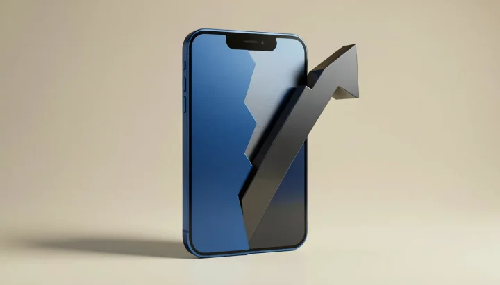 Un marco estilizado de teléfono inteligente fabricado en acero azul, dividido por un gráfico de barras de silicio gris oscuro que simboliza el impacto del costo de los componentes en la producción.