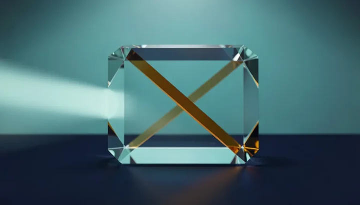 A large horizontal glass prism on a dark navy surface splits a beam of light into turquoise and amber paths under soft teal background lighting.