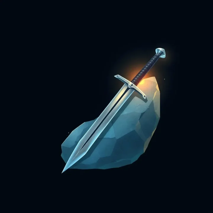 Eine redaktionelle Illustration eines mittelalterlichen Stahlbreitschwerts, das in einem pixeligen digitalen Stein vor dunklem Hintergrund steckt.