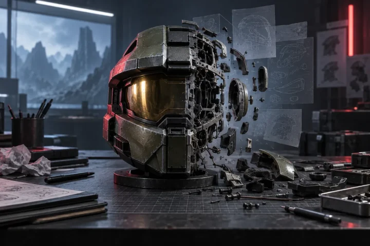 An unfinished futuristic military helmet on a developer's workbench, with one half complete and the other breaking into components and blueprint fragments.