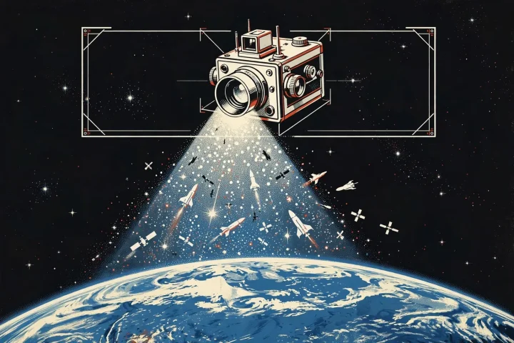 Uma câmera espacial de estilo vintage flutua sobre a Terra azul, projetando estrelas e silhuetas de espaçonaves através de uma moldura de proteção precisa contra o espaço negro profundo.