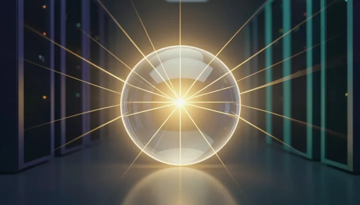Una ilustración de una esfera de cristal resplandeciente que proyecta haces de luz dorada sobre un suelo de pizarra oscura, con pilares metálicos de servidores en el fondo.