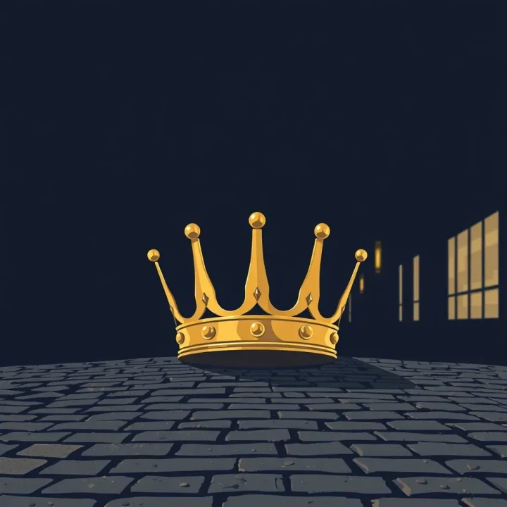 Illustration éditoriale minimaliste montrant une couronne en laiton poli sur une rue pavée au crépuscule, sur un fond indigo sombre.