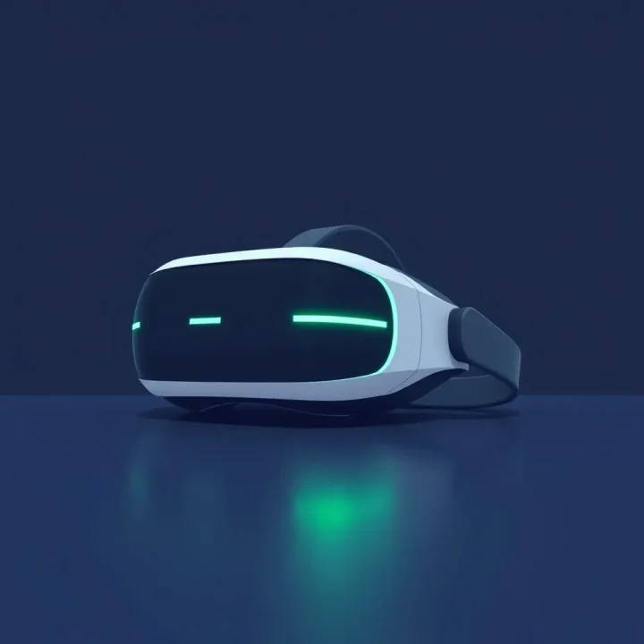 A sleek VR headset resting on a dark surface, illuminated by a subtle green light edge signifying efficiency improvements.