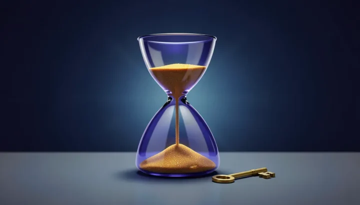 An editorial illustration featuring a frosted indigo hourglass with glowing amber sand beside a brass key on a matte table against a deep navy background.