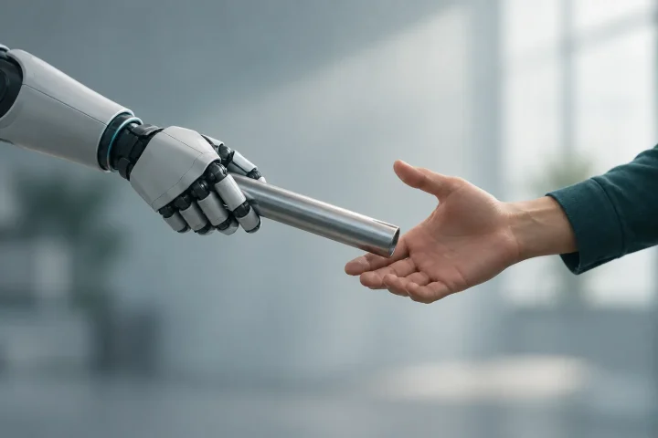 Ilustración editorial de un brazo robótico entregando un testigo a una mano humana, en representación de la automatización compartida de la programación para un equipo de ingeniería.