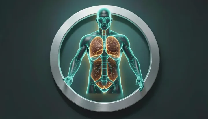 Ilustración editorial que muestra una sección transversal volumétrica resplandeciente de un torso humano en vidrio verde azulado y ámbar, rodeada por un elegante anillo de aluminio.