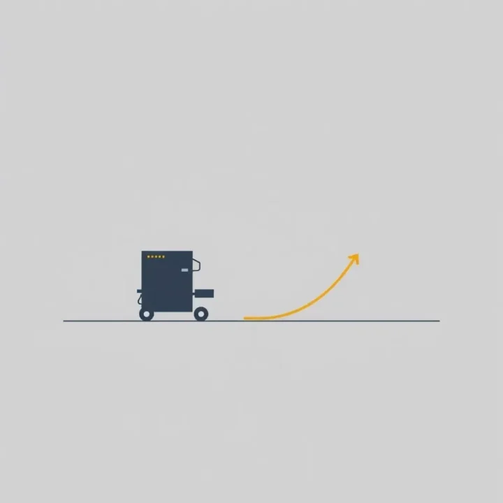 A compact server runner approaches a threshold line while an upward arrow indicates a software upgrade.