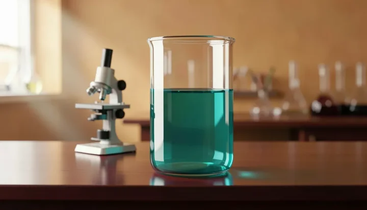 Un bécher en verre transparent contenant un liquide turquoise brillant et un microscope métallique reposent sur une table en acajou foncé dans un laboratoire aux tons ambrés.