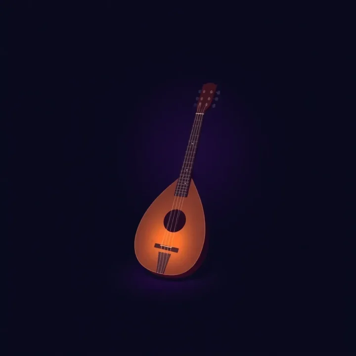 Una ilustración editorial de un laúd brillante sobre un fondo oscuro con iluminación violeta suave y espacio negativo.