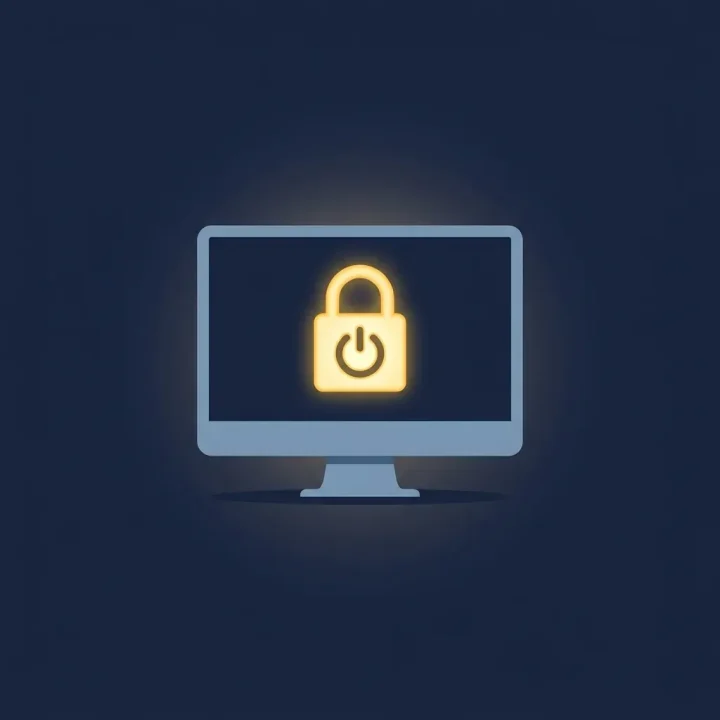 Vektorillustration eines Monitors mit einem leuchtenden Schloss-Symbol auf einem dunkelblauen Hintergrund.
