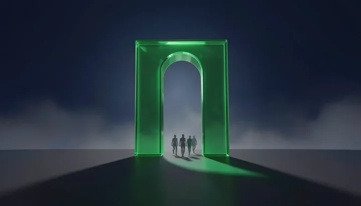 Ilustración de siluetas caminando a través de un marco de puerta verde brillante hacia una plataforma oscura, representando el acceso de usuarios a una plataforma digital.