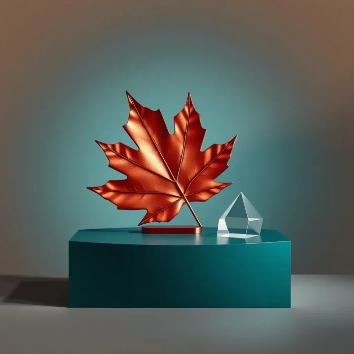 Illustration éditoriale montrant une sculpture de feuille d'érable en cuivre poli et une pyramide en verre sur un socle en bois bleu-vert, devant un fond bleu marine flou.