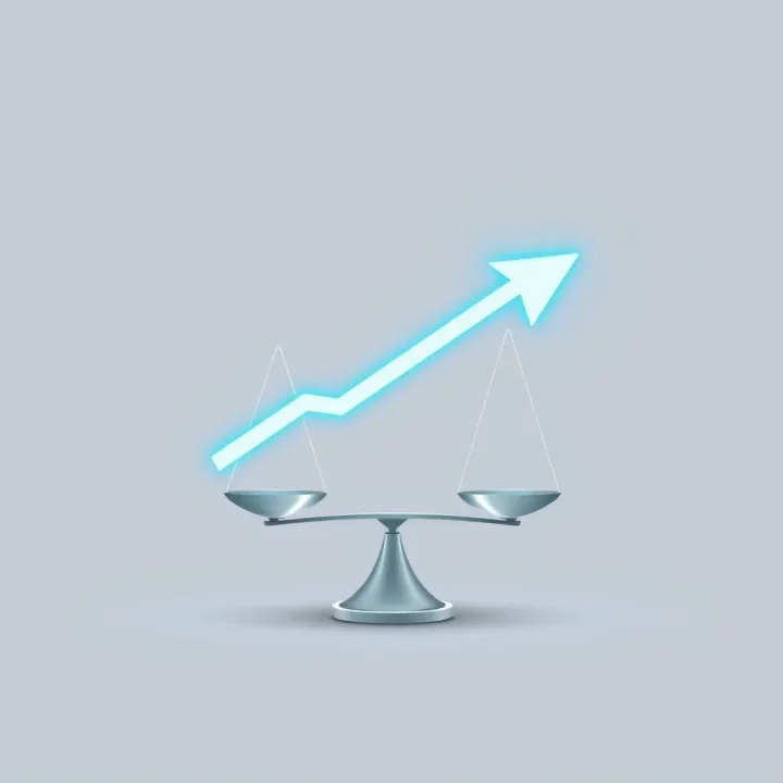 Ilustración vectorial que muestra una flecha ascendente azul brillante que se cruza con una balanza de plata sobre un fondo gris suave y minimalista.