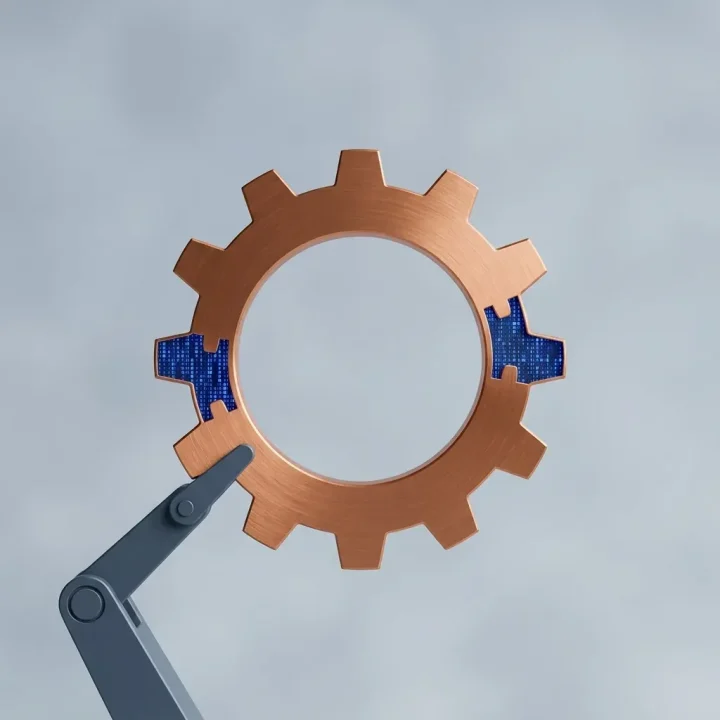 Editorial illustration featuring a copper mechanical gear interlocking with a glowing blue digital lattice, with a robotic arm reaching up from below.