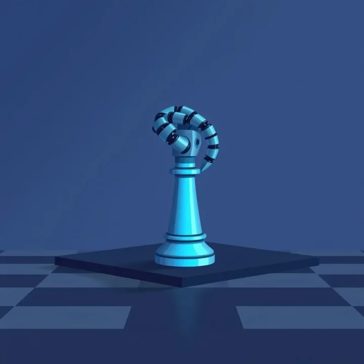 A stylized robotic hand replacing a glowing game piece on a dark minimalist board.
