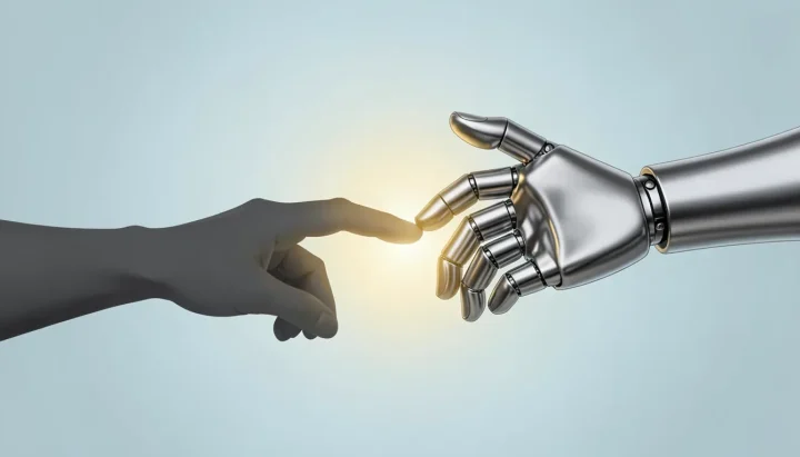 Editorial illustration depicting a polished robotic hand reaching from the right to almost touch a charcoal human silhouette hand on the left, with warm yellow light glowing between them.