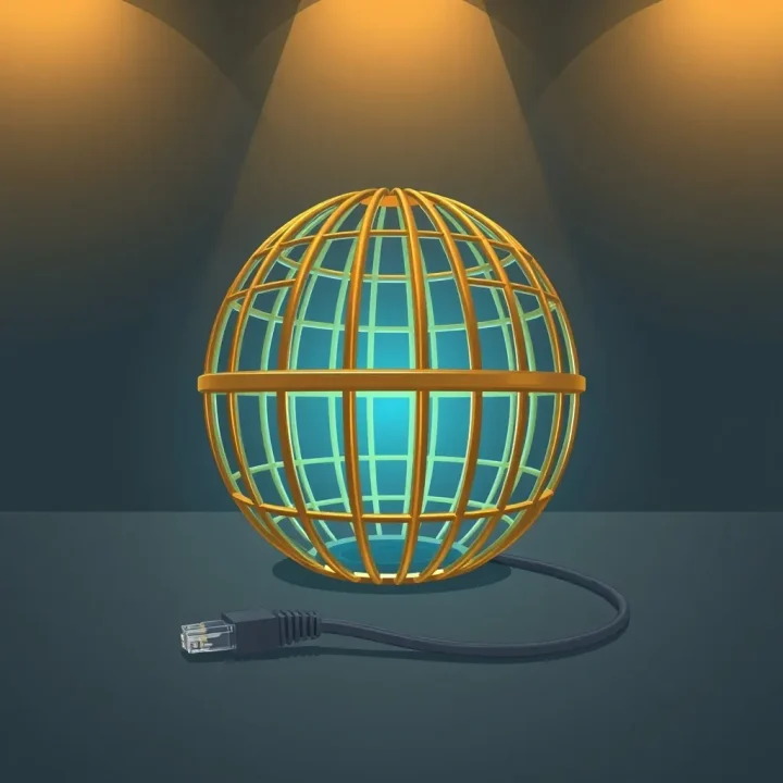 An editorial illustration showing a glowing cyan core inside a central brass cage next to a severed Ethernet cable on a slate floor.