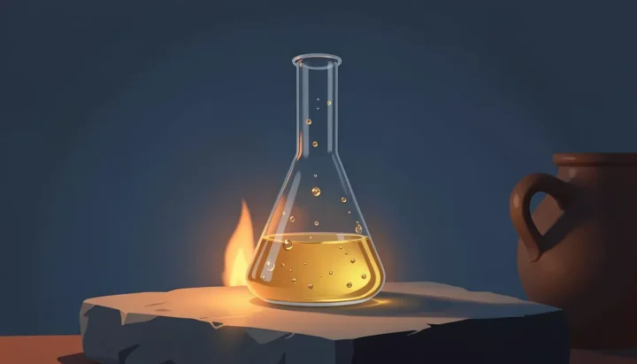 Eine redaktionelle Illustration, die einen Destillieralambik aus klarem Glas und einen Auffangkolben auf einer Steinoberfläche zeigt, beleuchtet von einer sanften seitlichen Flamme vor dunklen indigoblauen Schatten.