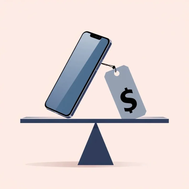 A sleek smartphone on a minimal balance scale counterweighted by a metallic price tag.