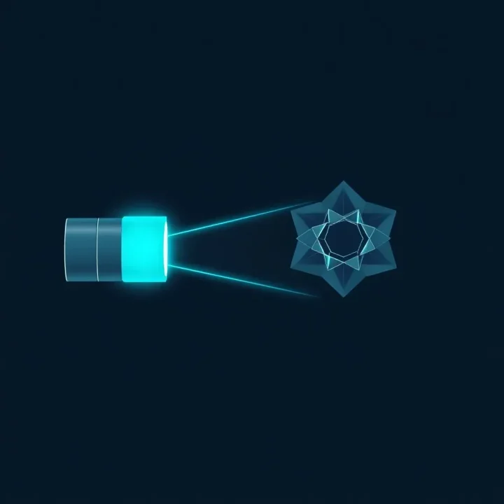 Konzeptionelle redaktionelle Illustration eines türkisblauen Lichtstrahls, der eine Speicherkapsel direkt mit einem geometrischen GPU-Modul verbindet und einen zentralen Prozessorblock umgeht.