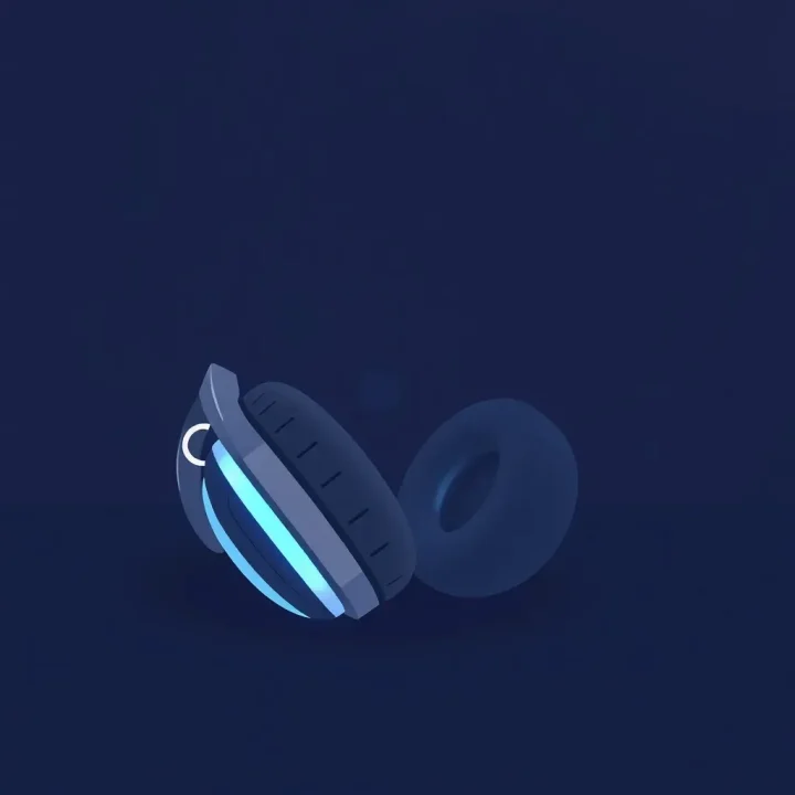 Ilustração de fones de ouvido circumaurais pretos modernos apoiados sobre uma superfície escura com iluminação azul brilhante dentro das conchas auriculares.