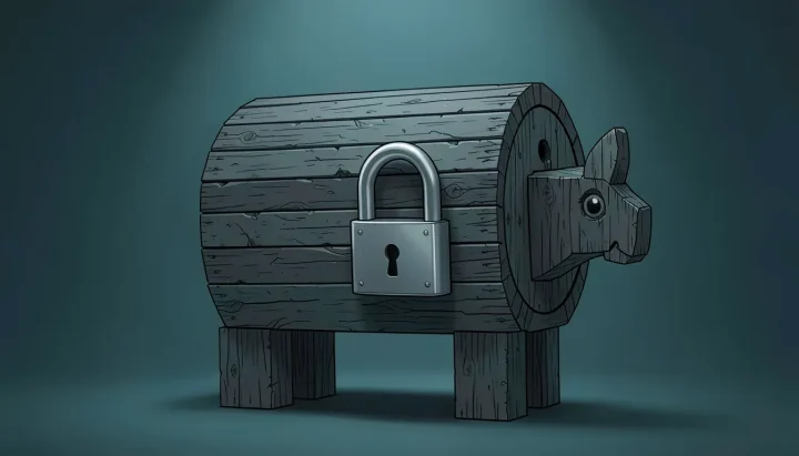 An editorial illustration featuring a dark grey wooden trojan horse secured with a large steel padlock against a dark teal background.
