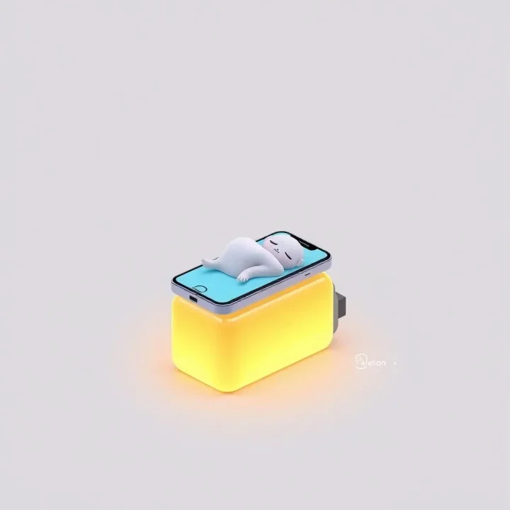 Eine moderne 3D-Editorial-Illustration eines Smartphones, das auf einem leuchtenden Akku ruht, mit weicher Hintergrundbeleuchtung.
