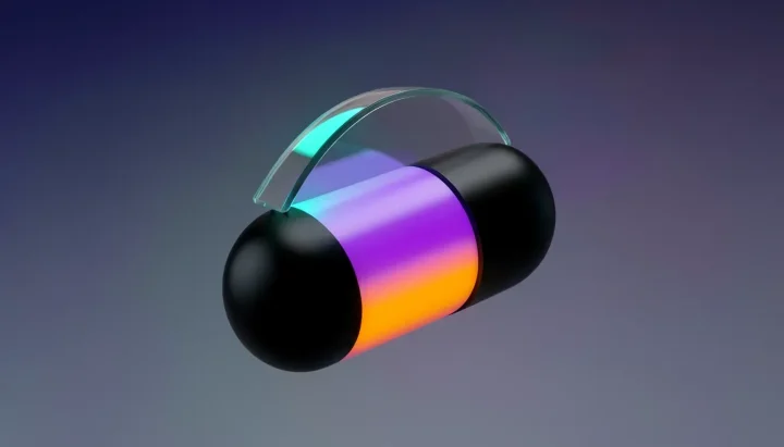 Illustration éditoriale d'une capsule noire segmentée flottant sur un fond en dégradé, avec trois sections lumineuses distinctes en cyan, violet et orange.