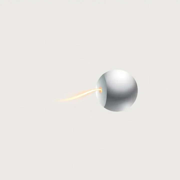 Illustration minimaliste d'une sphère géométrique reliée à un ruban de lumière étincelant sur un fond gris doux.