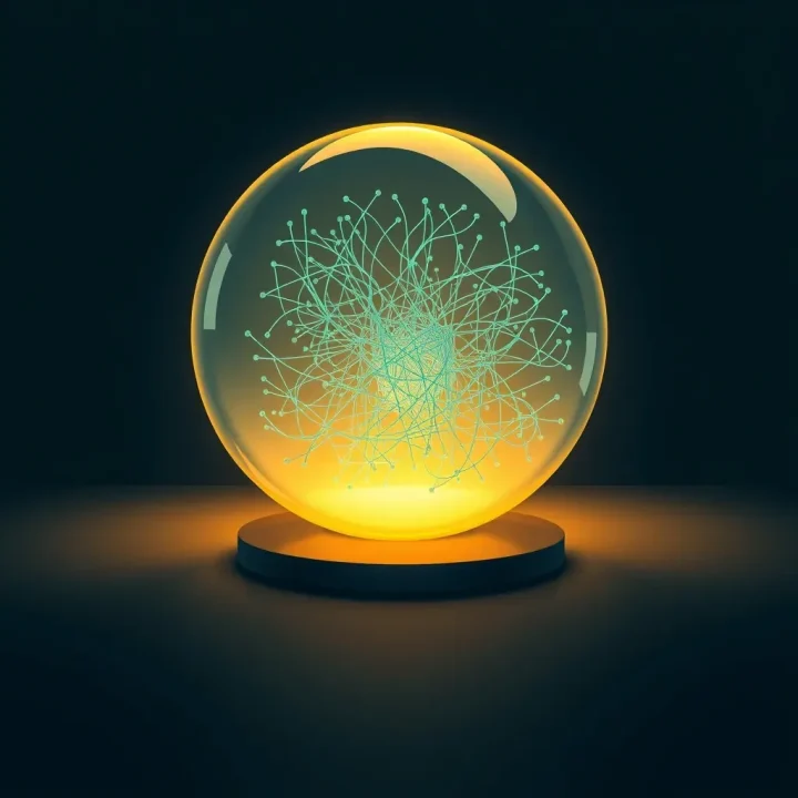 A central semi-transparent glass sphere enclosing glowing teal network strands, illuminated from behind by warm light against a dark background.
