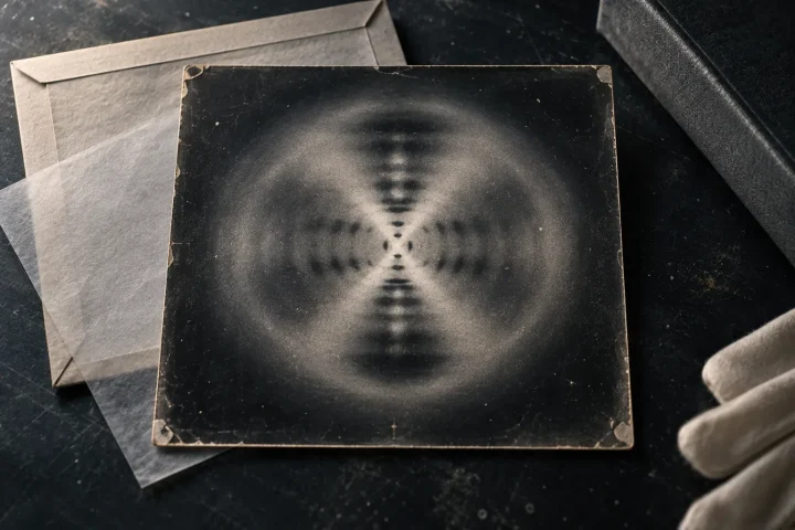 Una placa fotográfica científica antigua con un patrón abstracto de difracción de rayos X que sugiere una doble hélice de ADN, sobre una superficie de archivo oscura junto a una funda neutra.