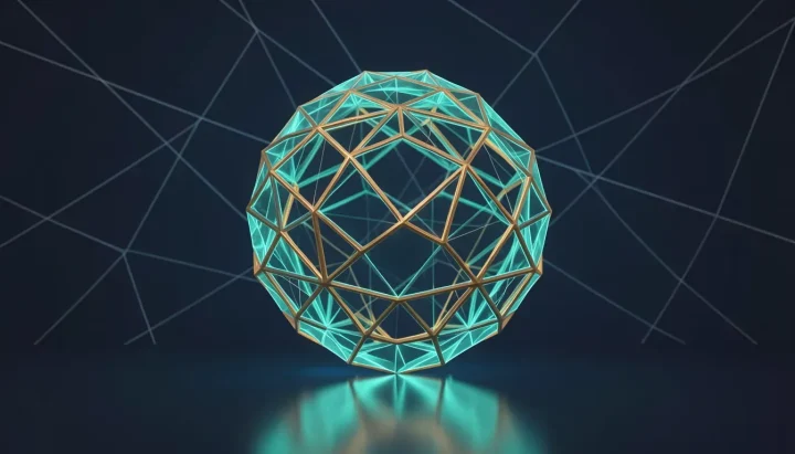 Esfera cristalina em formato low-poly composta por facetas geométricas em azul-turquesa neon e dourado, suspensa sobre piso escuro refletivo com linhas de rede brilhantes.