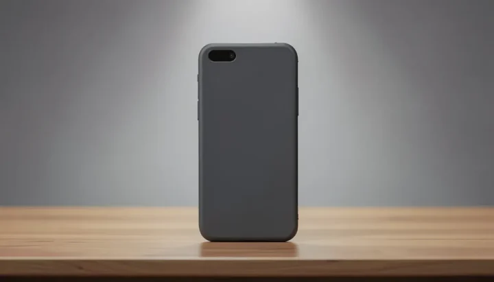An editorial illustration of a dark grey matte smartphone standing upright on a simple wooden table against a neutral blurred background.